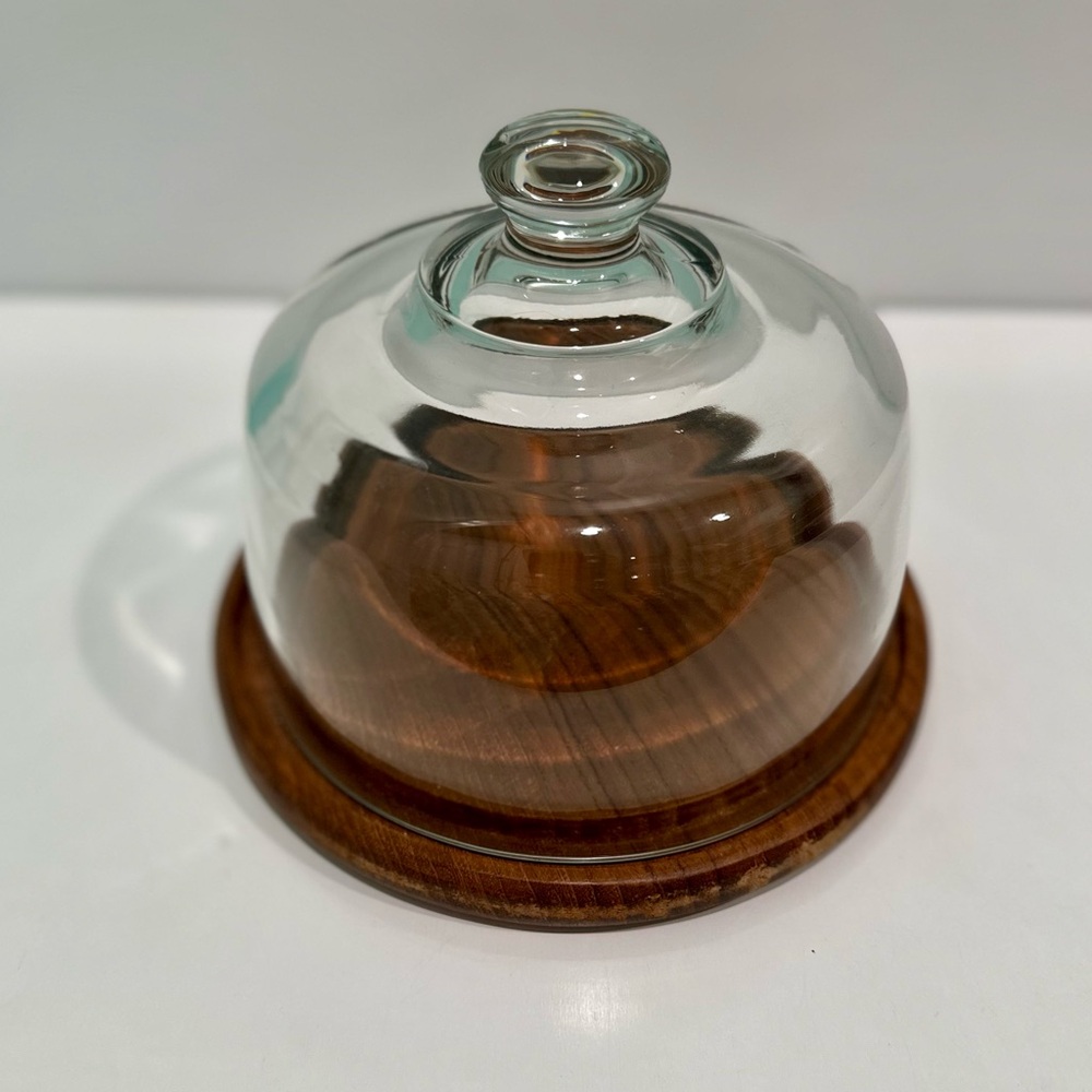Vintage dolphin Genuine Teak Wood Plate Covered Glass Cheese Dome Cake‎